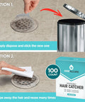 Disposable Shower Drain Hair Catcher Mesh Stickers Peel And Stick Strainers To Prevent Clogs shown in use and packaging