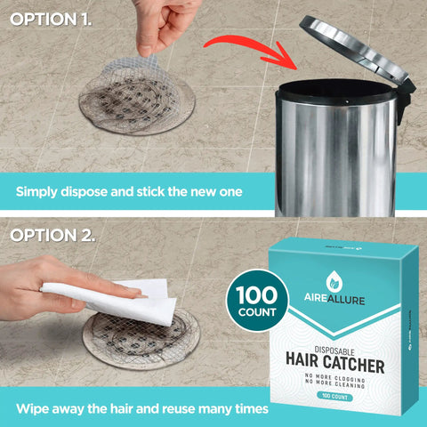 Disposable Shower Drain Hair Catcher Mesh Stickers Peel And Stick Strainers To Prevent Clogs shown in use and packaging