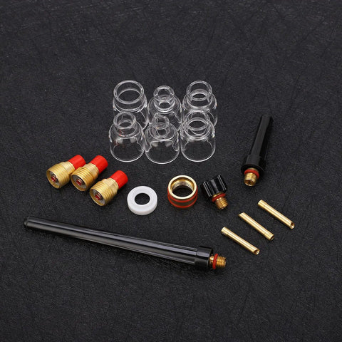 Go To Welding Glass Cup Nozzle Kit For WP9 20 Argon Torch components, including glass cups and brass fittings on display.