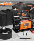 Heavy Duty Portable 12V Air Compressor Kit And Tire Inflator Beast With 150 Psi Max Pressure And 6 Point 35 Cfm Flow, includes pump, hose, and case.