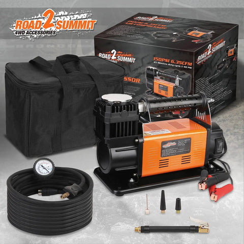 Heavy Duty Portable 12V Air Compressor Kit And Tire Inflator Beast With 150 Psi Max Pressure And 6 Point 35 Cfm Flow, includes pump, hose, and case.