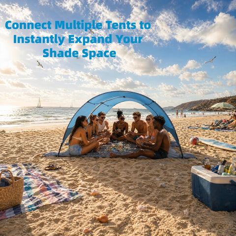 Group under UPF 50 Plus Beach Tent Canopy With 360 Degree Ventilation Portable Sun Shade For The Fam on a sunny beach