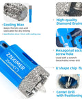 Front view of blue ZNXIMER 25mm diamond tile hole saw with pilot bit and center drill