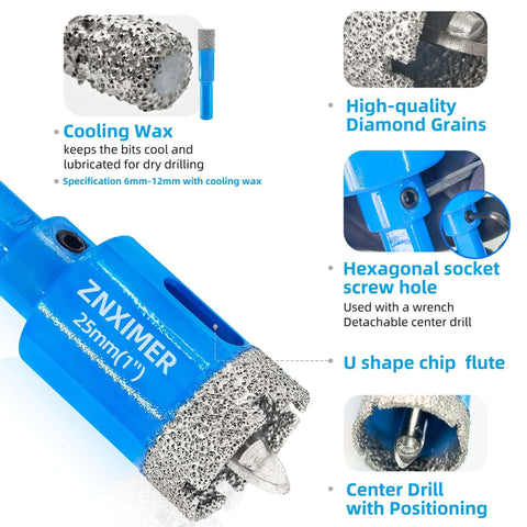 Front view of blue ZNXIMER 25mm diamond tile hole saw with pilot bit and center drill