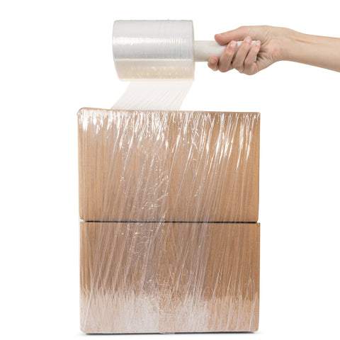 Heavy Duty Rock Solid Stretch Wrap 5 Inch By 1000 Feet Roll With Built In Handle wrapping boxes for secure storage.