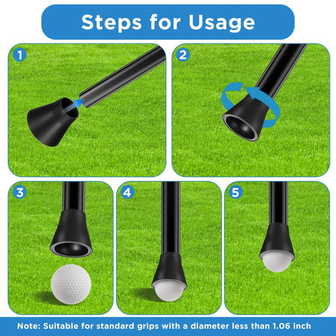 Steps for using 4 Pack Golf Ball Grabber Kit With Suction Cup Retriever Quick Install Ball Picker for putter handle attachment.
