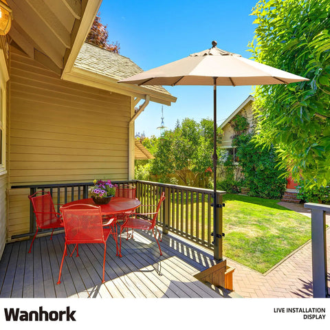 Heavy Duty 304 Stainless Steel Patio Umbrella Holder Built Tough For Outdoor Fixed Deck Railing And Grille Posts Black Base And Bracket Rugged Sun Umbrella Support For Your Deckside Hangouts securely mounted on wooden deck with umbrella creating shade over table and chairs.
