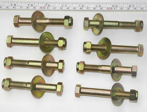 Built Tough 7/16 X 3 Inch Grade 5 Hex Head Bolts With Reliable Nylon Lock Nuts And Massive Flat Washers Zinc Coated Alloy Steel Hardware Kit For Helluva Strong Truck Builds, showing bolts with nuts and washers.