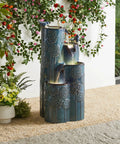 Turquoise Outdoor Water Fountain With LED Lights And Pump Dope 4 Tier Dandelion Texture Vase Shaped Ceramic Floor Standing With Birds