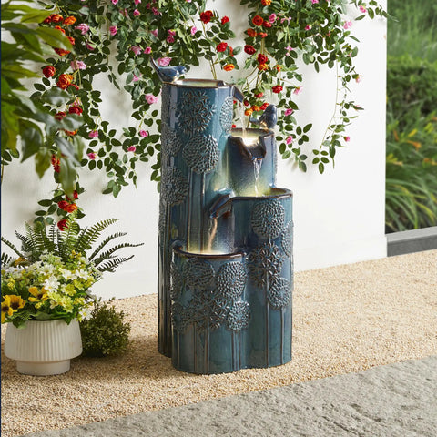 Turquoise Outdoor Water Fountain With LED Lights And Pump Dope 4 Tier Dandelion Texture Vase Shaped Ceramic Floor Standing With Birds