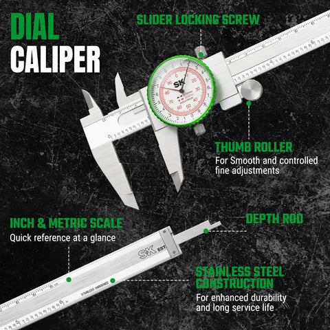 Dial Caliper Measuring Tool With Six Inch Range And Pro Grade Precision To 0.001 Inch (0.03 mm), Dual Reading Display For Industrial, Mechanical, Woodworking And DIY Projects, Reliable, Durable And Easy To Read, stainless steel dial caliper