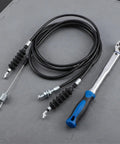 Two Pack Golf Cart Throttle Cable Kit 37 Inch And 21 Inch Exact Fit From Accelerator Pedal To Governor shown on gray surface with wrench