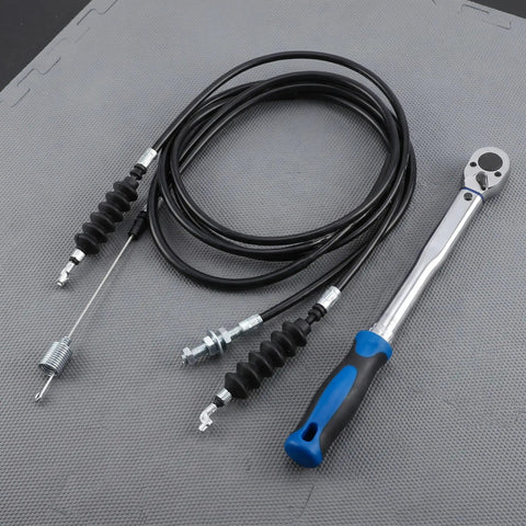 Two Pack Golf Cart Throttle Cable Kit 37 Inch And 21 Inch Exact Fit From Accelerator Pedal To Governor shown on gray surface with wrench