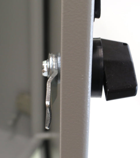 Close-up of latch on Fully Enclosed IP66 Enclosure With UL Certified NEMA 4 16 Gauge Steel Single Door Hinge Cover Wall Mount Backplate