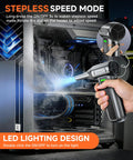 Ultra Powerful Electric Air Duster with LED Light used to clean a computer case, featuring stepless speed mode and LED lighting