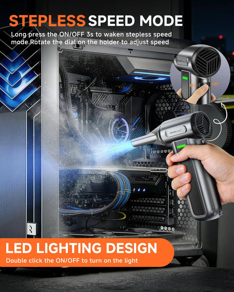 Ultra Powerful Electric Air Duster with LED Light used to clean a computer case, featuring stepless speed mode and LED lighting