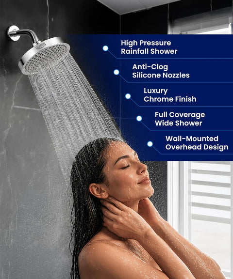 High Pressure 6 Inch Rainfall Shower Head With Adjustable Angles 90 Anti Clog Nozzles, luxury chrome finish in use