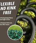 Built Tough 100 Ft Metal Garden Hose With Nozzle, 304 Stainless Steel Core shown flexible on grass, kink free