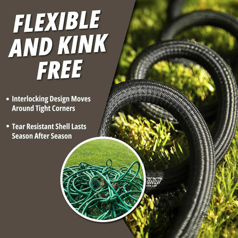 Built Tough 100 Ft Metal Garden Hose With Nozzle, 304 Stainless Steel Core shown flexible on grass, kink free