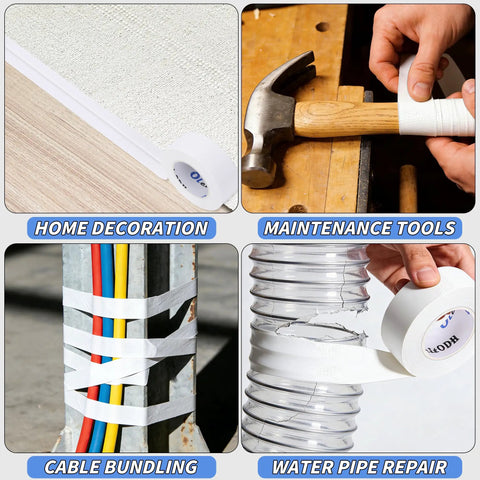 Grab And Go Pocket Size Mini White Duct Tape Pack 5 Rolls of 1 Inch by 15 Yards Each Portable Heavy Duty Waterproof Tape for indoor outdoor repairs DIY projects camping travel and everyday fixes, showing uses for home decoration, maintenance, cable bundling, and water pipe repair