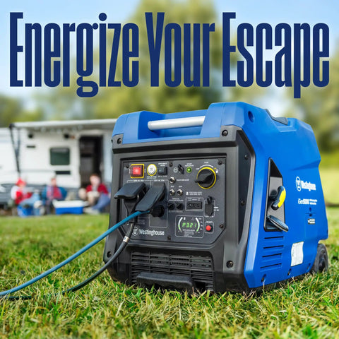 5000 Peak Watt Super Quiet Portable Inverter Generator With Remote Start, RV setup in a grassy area, blurred background
