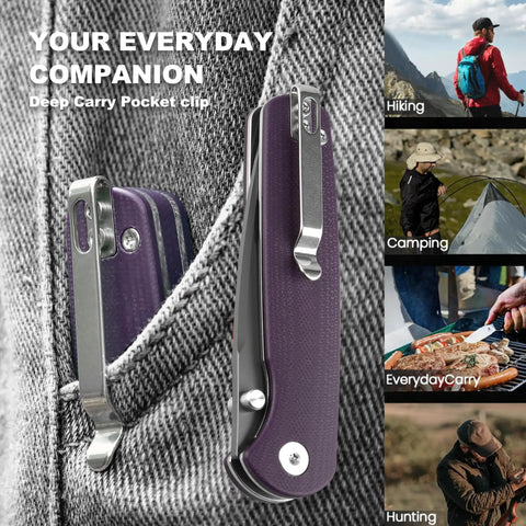 Trailpaw Folding Pocket Knife With 3.01 Inch D2 Blade And Purple G10 Handle One Hand Open EDC Built For Dog Walks And Light Outdoor Tasks Compact Everyday Carry Knife For Daily Adventures, deep carry clip