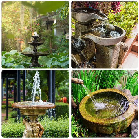 Outdoor fountains showcasing the use of Seven Point Five Watt Solar Water Pump For Ponds And Fountains With DIY Five Foot Tubing Dry Run Protected Outdoor Garden Pump