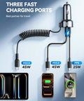90W USB C Car Charger With 5-Foot 45W Coiled Cable Fast PD QC3.0 Multi-Device Car Charger with three charging ports