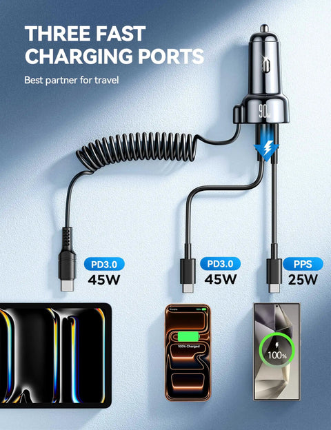 90W USB C Car Charger With 5-Foot 45W Coiled Cable Fast PD QC3.0 Multi-Device Car Charger with three charging ports