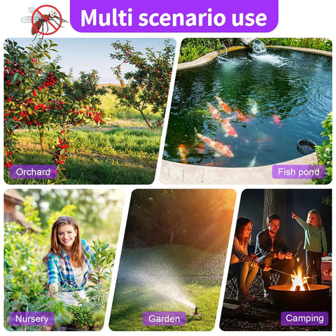 Collage showing solar bug zapper usage in orchard, fish pond, nursery, garden, and camping scenarios.