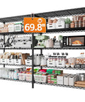 Heavy Duty Five Tier Storage Shelving Unit With Extra Wide 69.8 Inch Wire Rack Holds Up To 1600 Lbs Total Perfect For Garage Workshop Home Storage And Warehouse Organization. 69.8-inch black wire shelving with five loaded tiers for kitchen storage