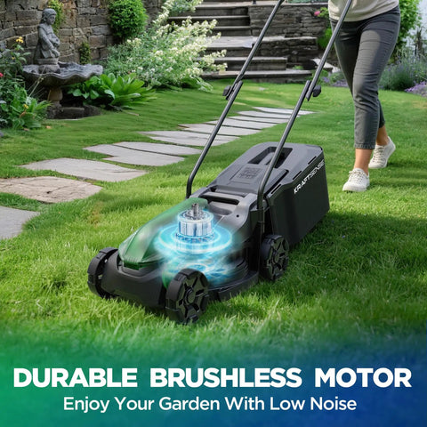 Lightweight 14 Inch Cordless Lawn Mower With 20V Power And 5Ah Battery, Ultra Quiet Push Mower For Small Yards Up To 3,000 Sq Ft, Easy Maneuver, Backyard Lawn Care And Maintenance, black push mower on grass
