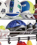 Garage Sports Gear Organizer Wall Mount Ball Rack And Storage System with balls, helmets, shoes, and hooks for easy access.