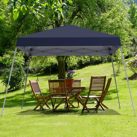 Fast Pop Up Canopy Tent 10x10 Ft With Slant Legs in garden setting, dark blue cover, portable shelter over patio table and chairs