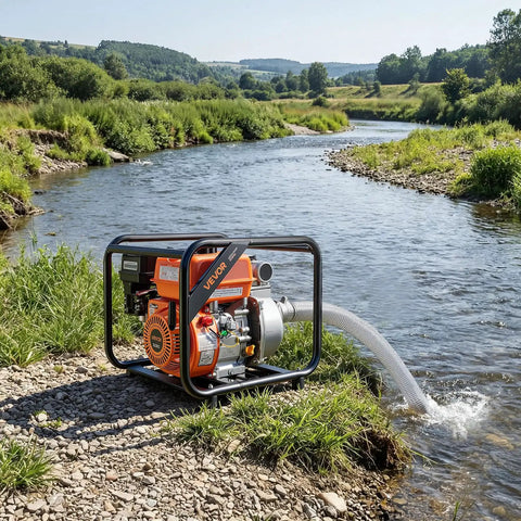 Heavy Duty Gas Powered Water Pump 2 Inch 142 GPM 7HP Portable Semi Trash Pump by a river for easy drainage and irrigation.
