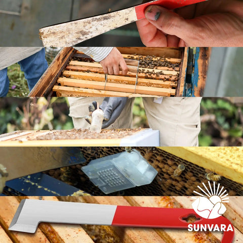 Close-up of beekeeping tools and hive components from Beekeeping Starter Kit With Smoke Tool And Full Hive Essentials.