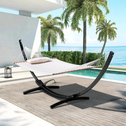 Beefed Up 13.5 Ft Steel Arc Hammock Stand With Carabiner And Chain supporting hammock by pool, black steel, outdoor use.