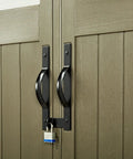 Close-up of lockable double doors on 7x7 Weatherproof Outdoor Storage Shed For Garden Tools And Lawn Gear with sandstone finish