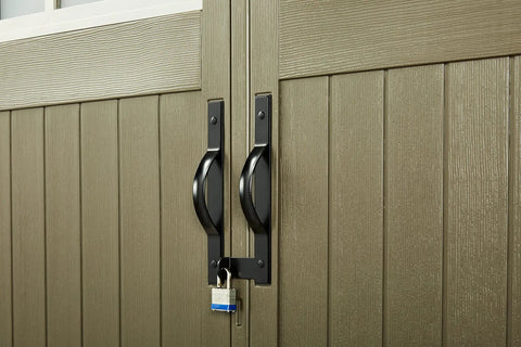 Close-up of lockable double doors on 7x7 Weatherproof Outdoor Storage Shed For Garden Tools And Lawn Gear with sandstone finish