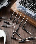 200 Pack 3/16 Inch Head Aluminum Tri Grip Exploding Pop Rivets for marine uses scattered on wooden surface