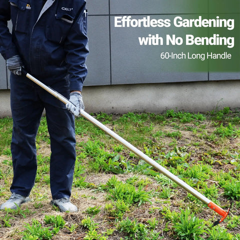 Person using 2 In 1 Garden Hoe And Weed Puller Rake With 60 Inch Adjustable Long Handle in garden