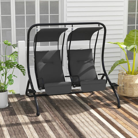 Two Seat Patio Swing Chair With Removable Canopy And Cup Holders For Porch, Garden, Poolside, And Backyard Gray Outdoor Swing With Easy Assembly, Weather Resistant Frame For Total Chill Outdoors shown on patio