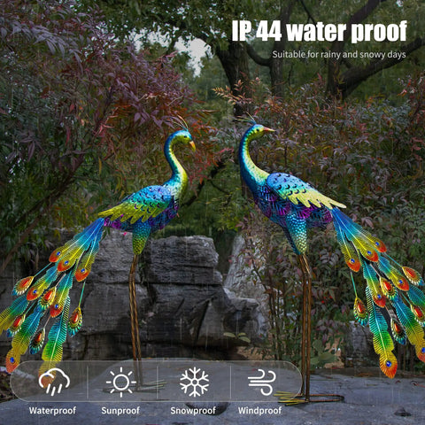 Two Pack Solar Peacock Garden Decor Lights Metal Peacocks Statue With LED Lighting Waterproof Outdoor Yard Art in forest