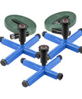 Effortless Above Ground All In One Sprinkler System For Lawn Kit with blue spray bases and hoses, no digging required