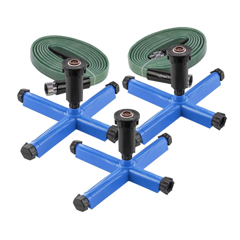 Effortless Above Ground All In One Sprinkler System For Lawn Kit with blue spray bases and hoses, no digging required