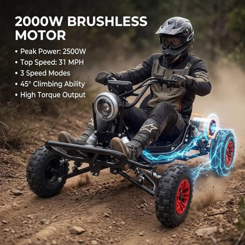 Electric Go Kart For Adults And Kids With 48V 2000W Motor Delivers 12 To 31 MPH Gnarly Off Road Thrills On 6 Inch All Terrain Tires, 440 Lb Capacity, 10.4Ah Battery, 3 Speed Modes, LED Lights And Charger Included Black being ridden on a dirt trail