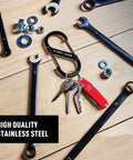 Stainless Steel Dual SBiner Clip Size 4 Tough As Nails Key Holder And Camping Gear Organizer with keys and tools on a wooden surface