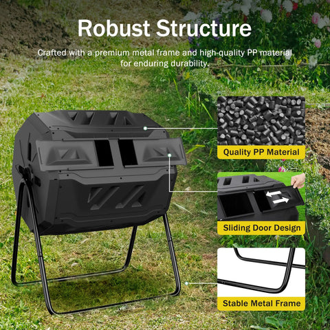 43 Gallon Outdoor Dual Chamber Tumbling Compost Bin With Two Sliding Doors And 360 Degree Rotation for Kitchen Garden Yard Waste