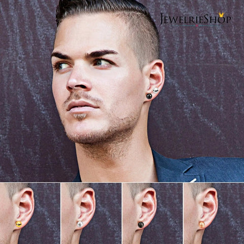 Unisex Ball Stud Earrings Set, 8 Pairs In Matte And Shiny Finishes, Silver, Gold, Rose Gold, Black, 8mm Diameter, Everyday Wear, Assorted Colors For Any Look on male ear