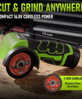 3 Inch Mini Cordless Angle Grinder Delivering Top Shelf 16.8V Power, compact design with 3-inch blade on a workbench.